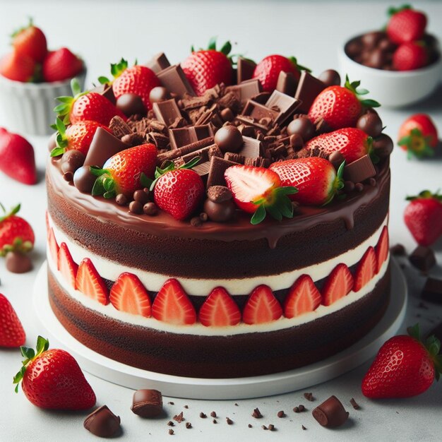 ein Schokoladenkuchen mit Schokolade und schokoladenbedeckten Erdbeeren