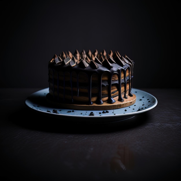 Ein Schokoladenkuchen mit Schokoladenglasur und dem Wort „Schokolade“ auf der Unterseite.