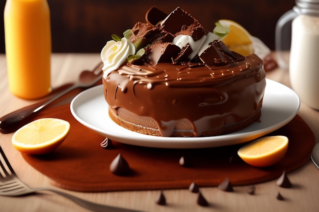 Ein Schokoladenkuchen mit Schokoladenglasur und Orangen auf einem Teller.