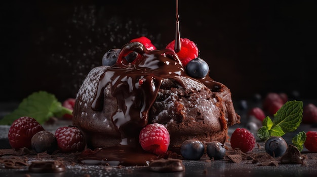 Ein Schokoladenkuchen mit Schokoladensauce wird darüber gegossen