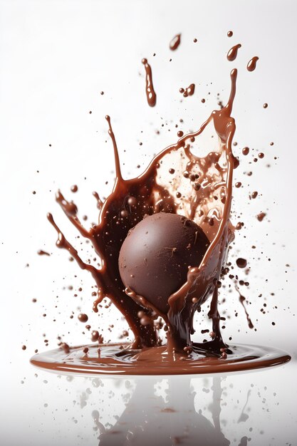Ein Schokoladenkugelspritzer isoliert auf weißem Hintergrund