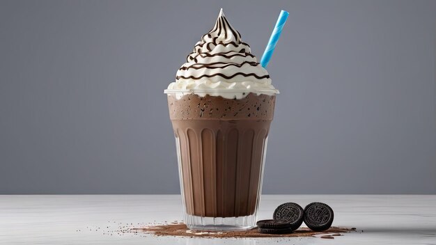 ein Schokoladenmilchshake mit einem blauen Strohhalm und einem blauen Staubhalm in der Mitte