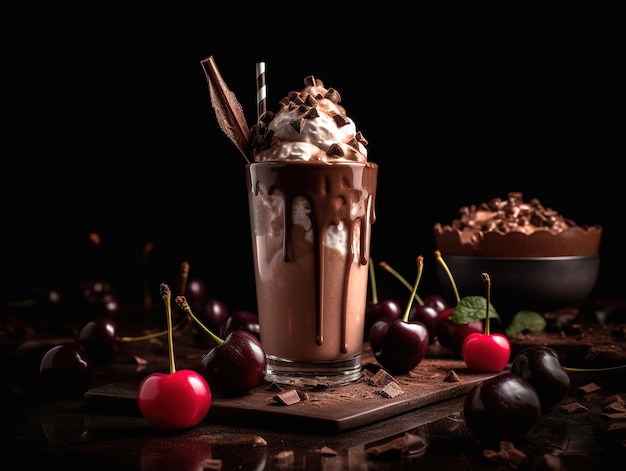 Ein Schokoladenmilchshake mit Schokolade und Kirschen auf dunklem Hintergrund