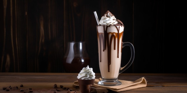 Ein Schokoladenmilchshake mit Schokoladensirup und einem Glas Schokoladensirup.