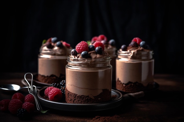 Ein Schokoladenmousse-Kuchen mit Himbeeren obendrauf