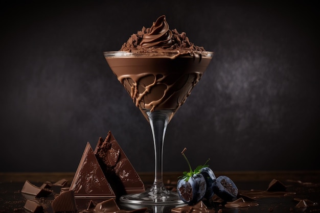 Ein Schokoladenmousse mit Heidelbeeren sitzt in einem Martini-Glas.
