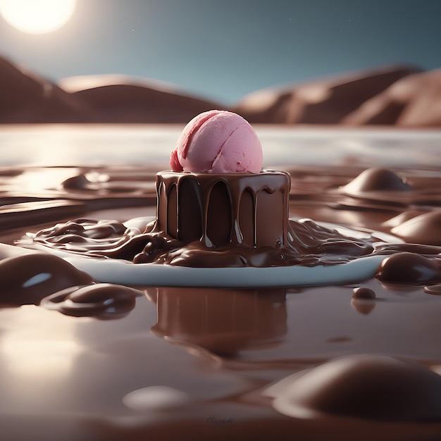 Ein Schokoladensee mit Eis im filmischen Stil perfekte Komposition wunderschön detailliert