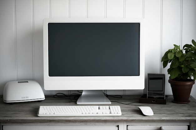 Ein Schreibtisch aus weißem Holz und ein Desktop-Computer mit leerem Bildschirm befinden sich in einem Studentenarbeitsplatz im Loft