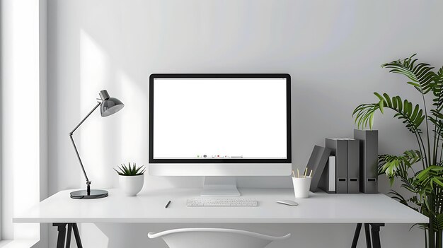 Ein Schreibtisch mit Computer, Tastatur, Maus, Lampe, Büchern, Pflanze und Bleistifthalter Der Schreibtich ist weiß, die Raumwand ist weiß.