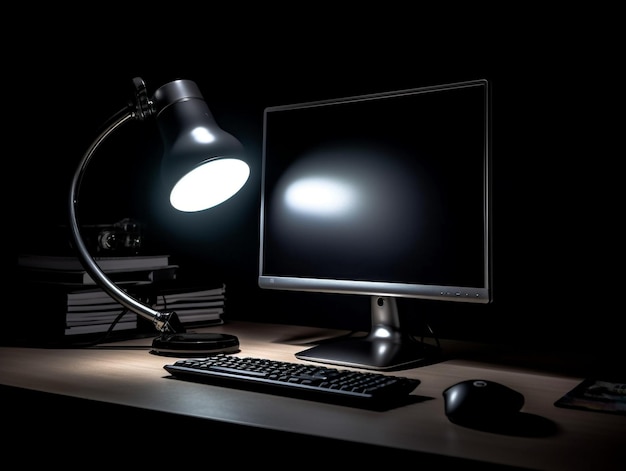 Ein Schreibtisch mit einem Computer und einer Lampe darauf