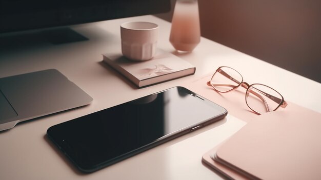 Ein Schreibtisch mit einem Laptop, einer Brille, einem Notebook und einem Tablet darauf.