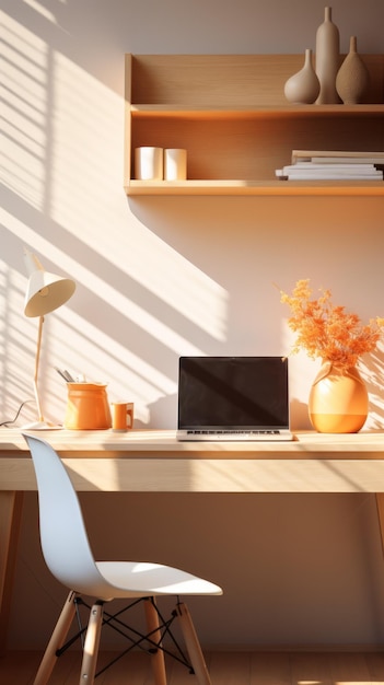 Ein Schreibtisch mit einem Laptop, einer Lampe, einer Vase mit Blumen und einem Regal an der Wand