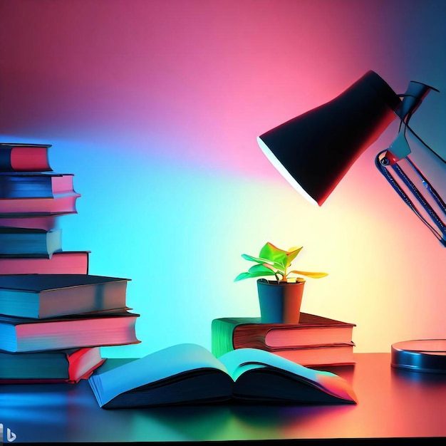 Ein Schreibtisch mit einer Lampe, einer Pflanze und ein paar Büchern, eine Pflanze und einige Bücher