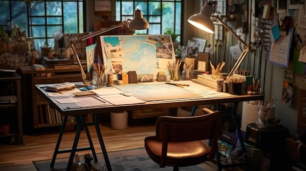 Ein Schreibtisch mit einer Lampe mit der Aufschrift „Kunst in der Ecke“