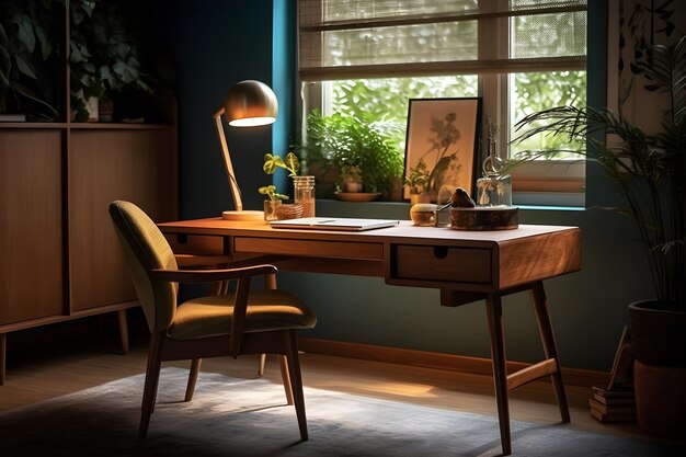 Ein Schreibtisch mit einer Lampe und einer Pflanze darauf
