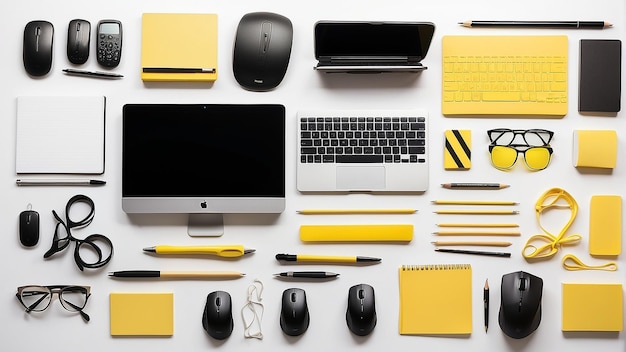Ein Schreibtisch mit einer Laptop-Tastaturmaus und anderen Büroartikeln in schwarzen und gelben Farben