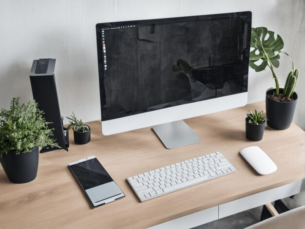 ein Schreibtisch mit einer Monitor-Tastatur und einer Topfpflanze darauf Arbeitsplatz mit Computer