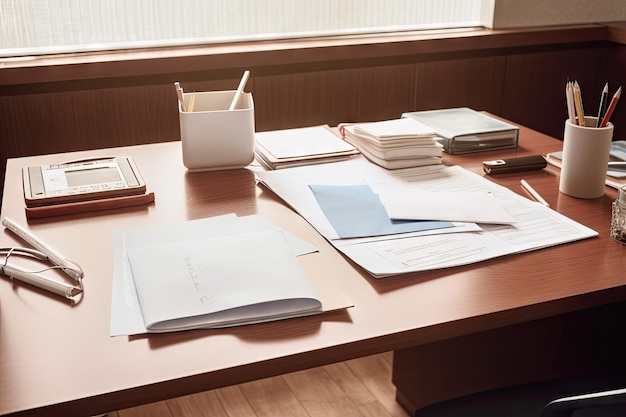 Foto ein schreibtisch mit ordentlich organisiertem papierkram, einem stift und einer tasse kaffee, erstellt mit generativer ki