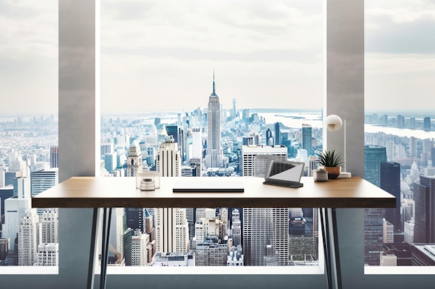 Ein Schreibtisch vor einem Fenster mit Blick auf ein generatives KI-Bild der Stadt