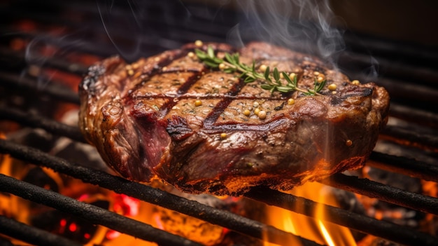 Foto ein schrillerndes steak, das auf offener flamme bis zur perfektion gegrillt wird