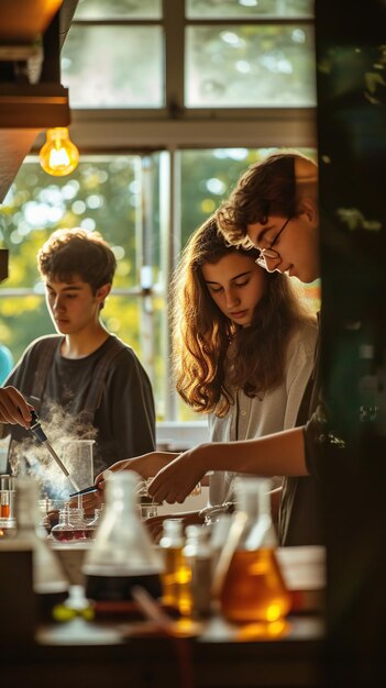 Foto ein schüler erledigt eine praktische laboraufgabe im chemieunterricht