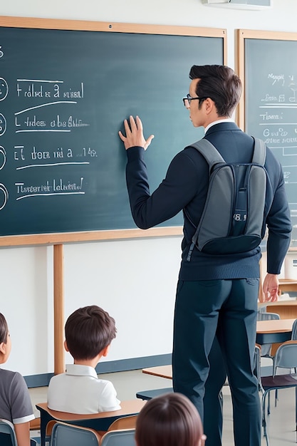 Ein Schüler in einer frischen neuen Uniform steht vor einer Tafel und lächelt erwartungsvoll