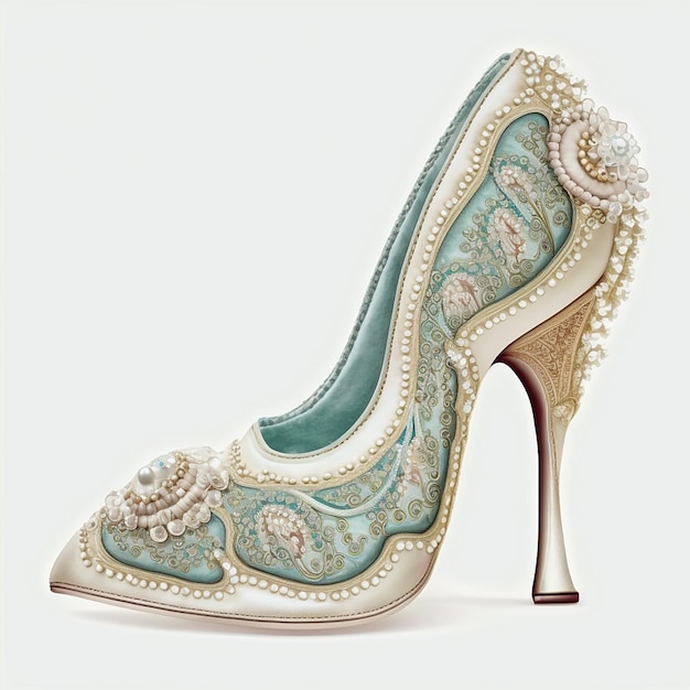 Ein Schuh mit Perlen darauf und dem Wort „Perle“ auf der Unterseite.