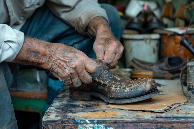 Ein Schuhreparaturmann repariert eine abgenutzte Sohle, was die Handwerkskunst der Schuhreparierung veranschaulicht