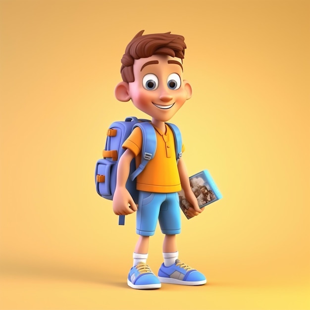 Ein Schuljunge mit Rucksack steht vor gelbem Hintergrund