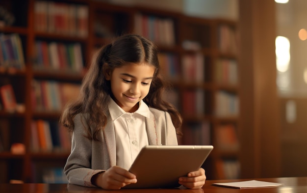 Ein Schulmädchen in der Schulbibliothek nutzt ein digitales Tablet zum Lernen