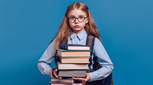 Ein Schulmädchen in Uniform steht auf einem pastellfarbenen Hintergrund und hält einen Stapel Lehrbücher mit müdem Gesichtsausdruck im Arm. Langer Schulbibliothekstag Generative KI