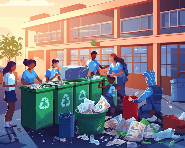 Ein schulweites Recyclingprogramm, bei dem die Schüler den Abfall gewissenhaft in verschiedene Behälter sortieren