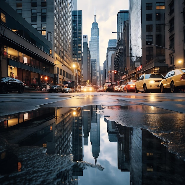 Ein Schuss einer Stadtstraße mit Wolkenkratzern und Spiegelungen in Pfützen nach dem Regen