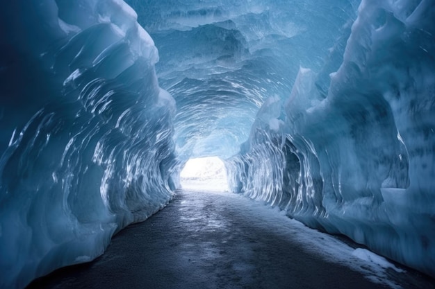 Foto ein schuss eines eistunnels mit einem fernen licht am ende einer gletscherhöhle