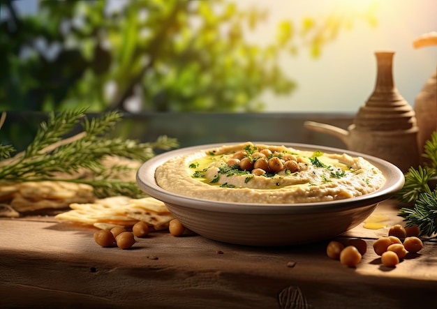 Ein Schuss Hummus mit einem Hintergrund aus Kichererbsenpflanzen