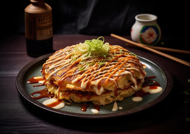 Ein Schuss Okonomiyaki mit einer Beilage japanischer Mayonnaise und Soße