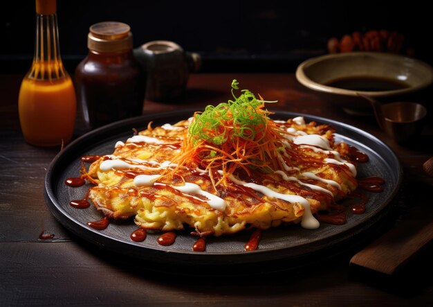 Ein Schuss Okonomiyaki mit einer Beilage knusprigem Tempura