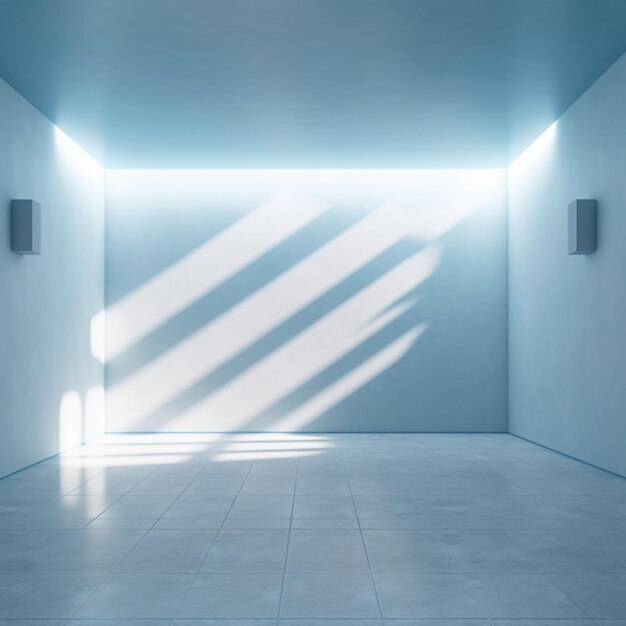 ein schwach beleuchteter Raum mit einem weißen Fliesenboden und einer Wand mit generativem Licht