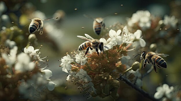 ein Schwärm von Bienen sammelt Nektar im Wald