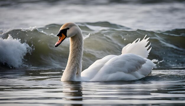 ein Schwan schwimmt im Wasser mit dem Wort Schwan auf dem Schnabel