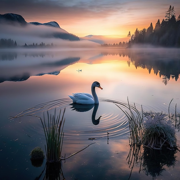 Ein Schwan schwimmt in einem See mit Bäumen und Bergen im Hintergrund.