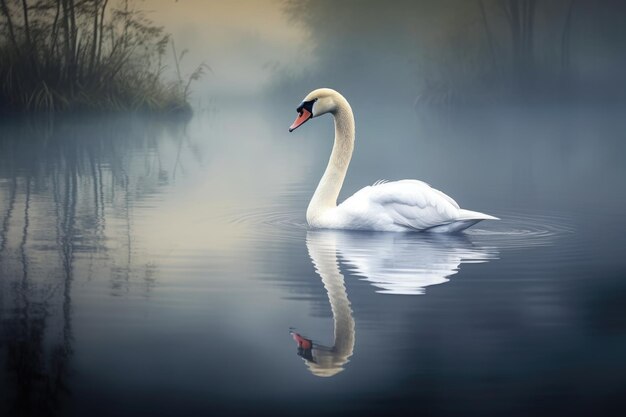 Ein Schwan starrt auf sein Spiegelbild im ruhigen Wasser eines ruhigen Sees