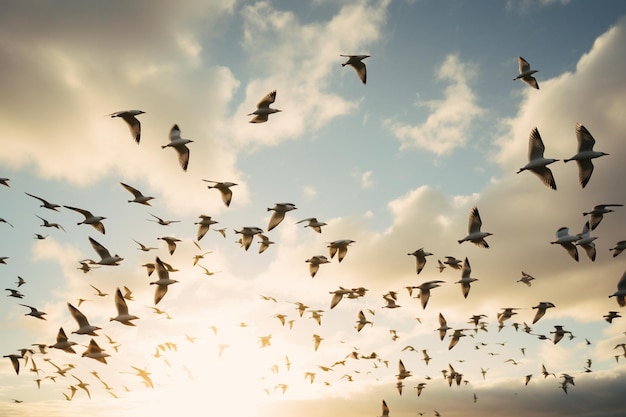 Ein Schwarm Möwen, der in Formation fliegt und Freiheit und Bewegung symbolisiert