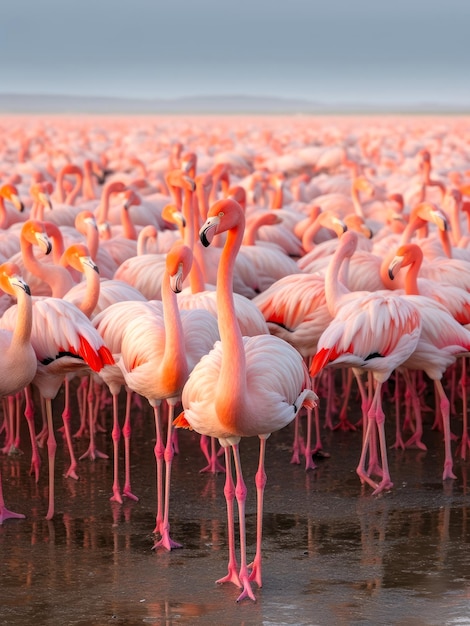 Ein Schwarm rosa Flamingos an der Küste