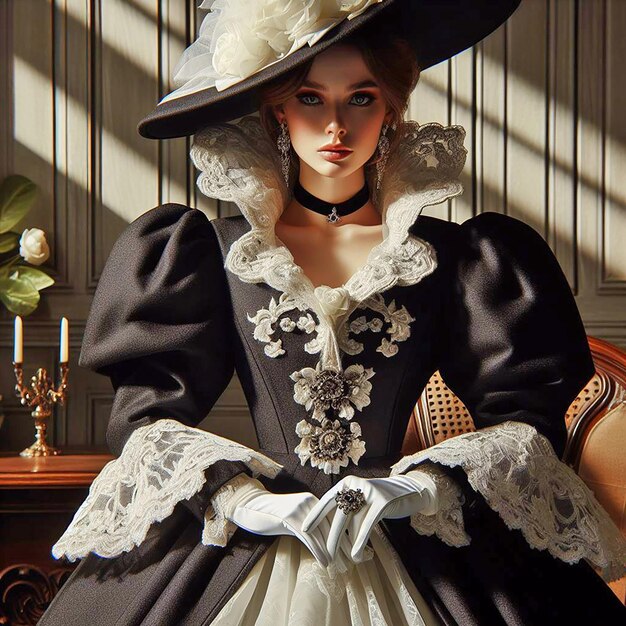 Ein schwarz beschichtetes Modell mit einem Hut mit rokoko-inspirierten Designs und einer Art Antike