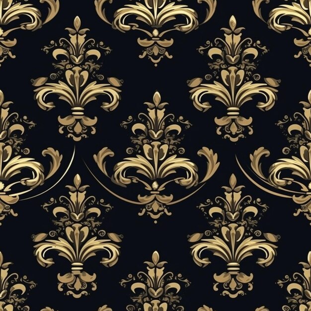 Ein schwarz-goldener Damask mit einem goldenen Wirbelmuster generativ ai