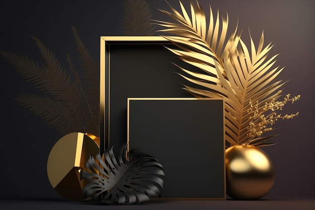 Ein schwarz-goldener Rahmen mit einem Palmblatt in der Mitte.