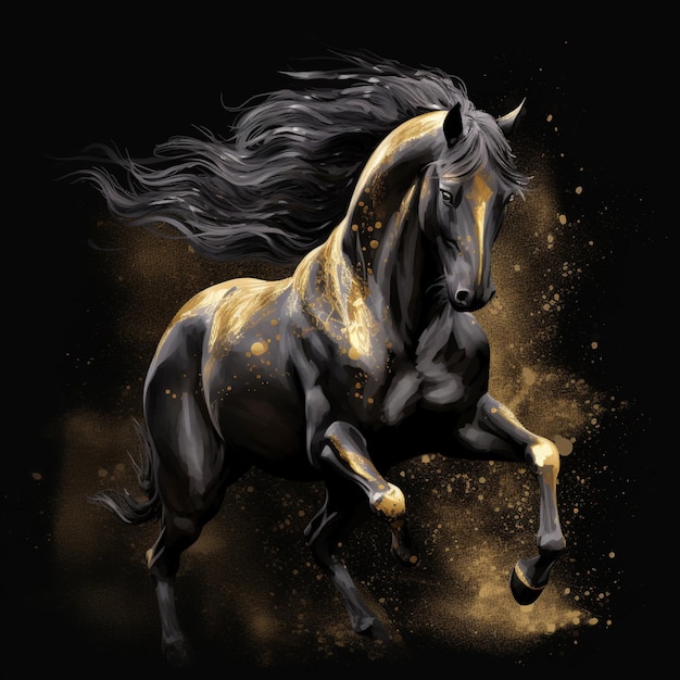 Ein schwarz-goldenes Pferd mit schwarzer Mähne und Schweif rennt.