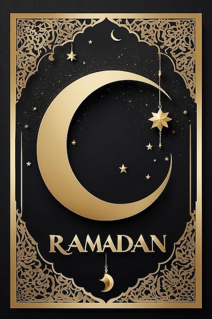 Ein schwarz-goldenes Poster mit einem Halbmond und den Worten Ramadan