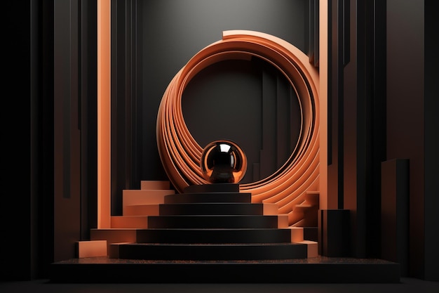 Ein schwarz-orangefarbenes Bild einer Wendeltreppe mit einer Kugel in der Mitte.